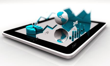 Modern financial instruments (graphs, charts and Earth globe) on a tablet screen. 3d rendering.の写真素材