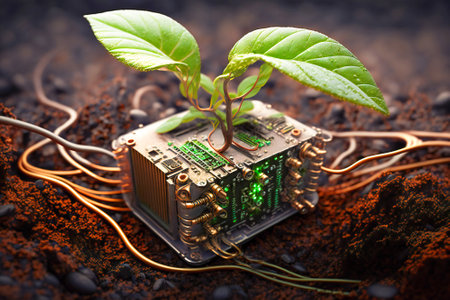 Small green sprout growing out of electronic circuit board. 3d illustrationの素材