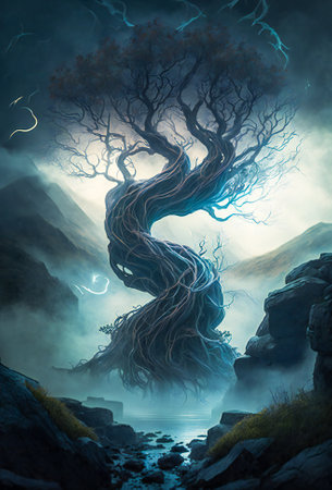 A twisted dried tree trunk in a dark, misty, mysterious place. Created with Generative AI technology.の素材