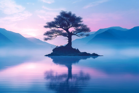 Illustration of a lone tree on a lake. Isolation and loneliness concept. Created with Generative AI technology.の素材