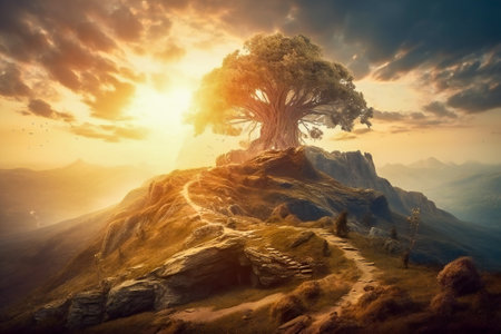 Big majestic lone tree in a beautiful landscape at sunset. Created with Generative AI technology.の素材