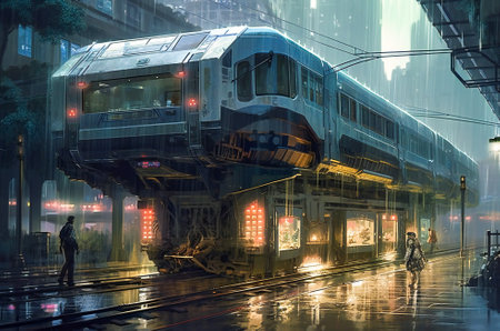 Futuristic urban public transportation vehicle. Created with Generative AI technology.の素材