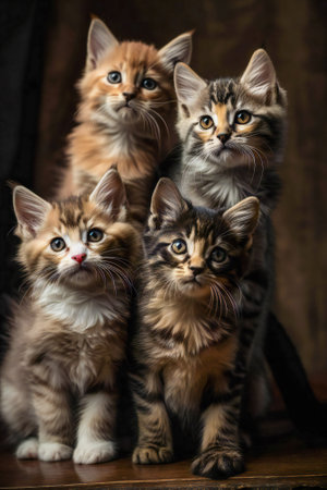 Four cute kitten looking at the camera. Created with Generative AI technology.の素材