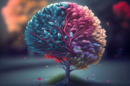 Colorful tree in the shape of a brain. Created with Generative AI technology.の素材