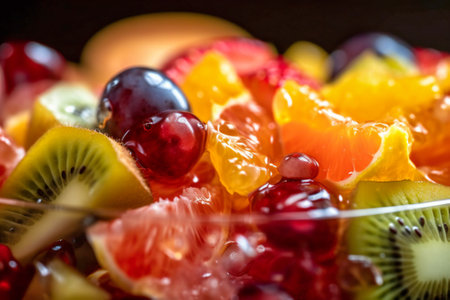 Delicious fresh fruits salad closeup. Created with Generative AI technology.の素材