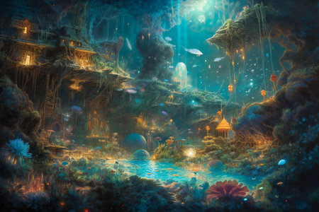 Surreal fantasy landscape on an alien planet. Created with Generative AI technology.の素材