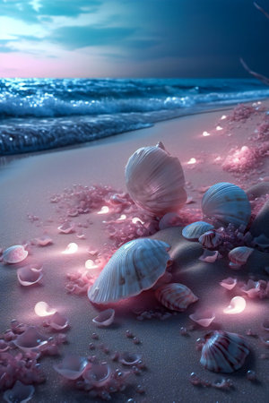 Dream landscape on a sandy beach with shells, flowers, pearls and little luminous glass spheres. Dream and meditation concept.  Created with Generative AI technology.の素材