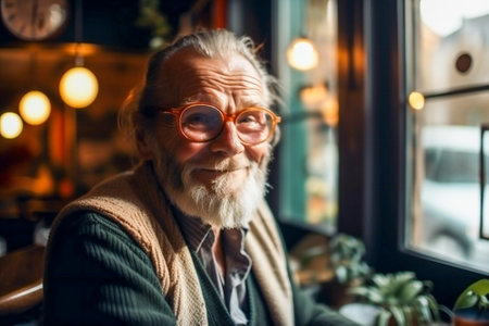 Portrait of an old man in a restaurant. Created with Generative AI technology.の素材