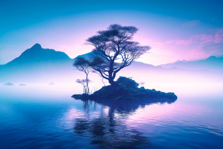 Illustration of a lone tree on a lake. Isolation and loneliness concept. Created with Generative AI technology.の素材