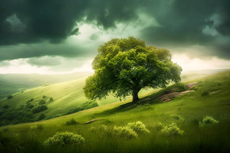 Lone tree on a green hill, stormy sky in background, beautiful light before storm. Created with Generative AI technology.の素材
