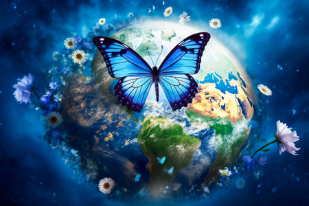 A blue butterfly standing on planet Earth, surrounded by flowers. Peace, tranquility, serenity and nature recovering concept.Created with Generative AI technology.の素材