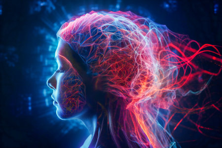 Illustration of a colorful woman head. Meditation, higher consciousness and transcendental concept. Created with Generative AI technology.の素材