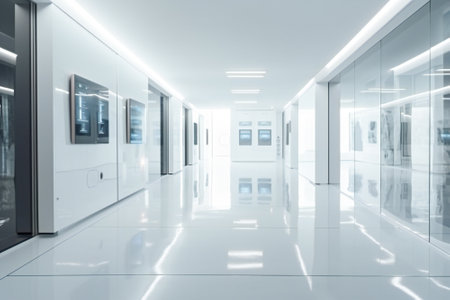 Clean white advanced futuristic interior, corridor or room. Created with Generative AI technology.の素材