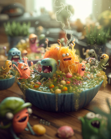 Cute little monsters party on the kitchen table. Created with Generative AI technology.の素材