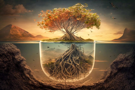 Surreal majestic tree with its roots growing in a world beneath the ground. Created with Generative AI technology.の素材