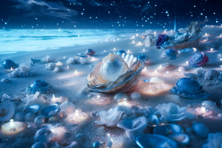 Dream landscape on a sandy beach with shells, flowers, pearls and little luminous glass spheres. Dream and meditation concept.  Created with Generative AI technology.の素材
