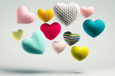 A fantasy composition of a group of floating hearts made of different types of textile materials. Love and affection concept. Created with Generative AI technology.の素材