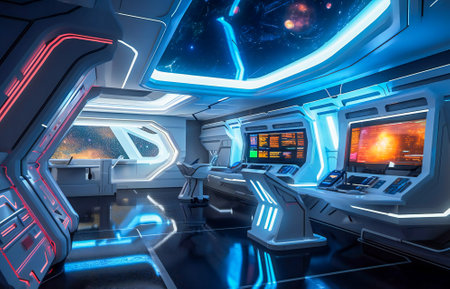 Interior of a futuristic control room of a space ship. Created with Generative AI technology.の素材