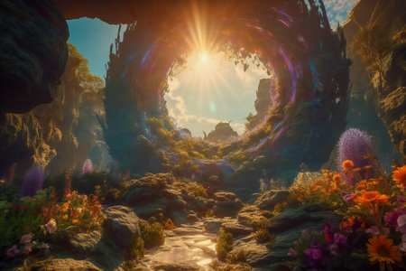 Illustration of a magical enchanted garden in the spring. Created with Generative AI technology.の素材