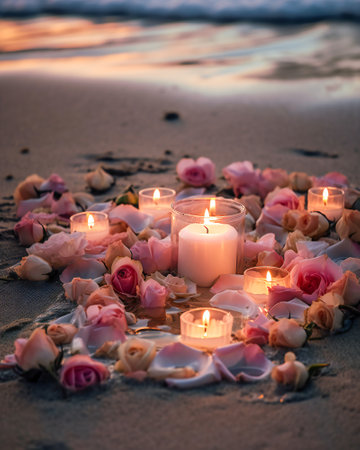 Love and romance concept illustration with burning candles and pink rose petals on a sandy beach at sunset. Created with Generative AI technology.の素材