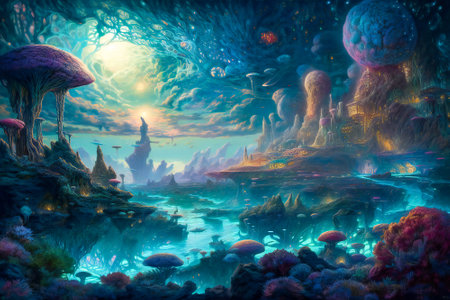 Surreal fantasy landscape on an alien planet. Created with Generative AI technology.の素材