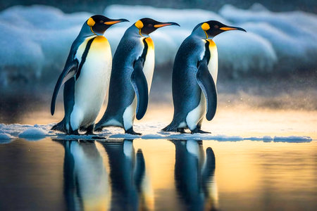 Penguins on ice near the ocean. Created with Generative AI technology.の素材