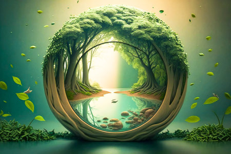 Spherical miniature green eco system. Environmental and nature preservation concept. Created with Generative AI technology.の素材
