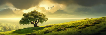 Lone tree on a green hill, stormy sky in background, beautiful light before storm. Created with Generative AI technology.の素材