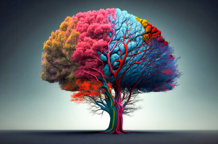 Colorful tree in the shape of a brain. Created with Generative AI technology.の素材