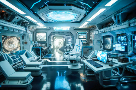 Interior of a futuristic control room of a space ship. Created with Generative AI technology.の素材