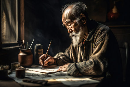 Portrait of an old man drawing. Created with Generative AI technology.の素材