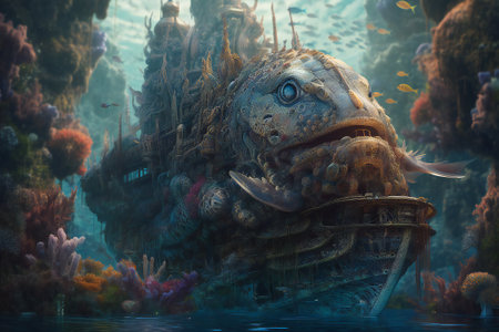 Fantasy under water illustration. Created with Generative AI technology.の素材