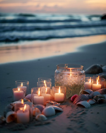 Love and romance concept illustration with burning candles and pink rose petals on a sandy beach at sunset. Created with Generative AI technology.の素材
