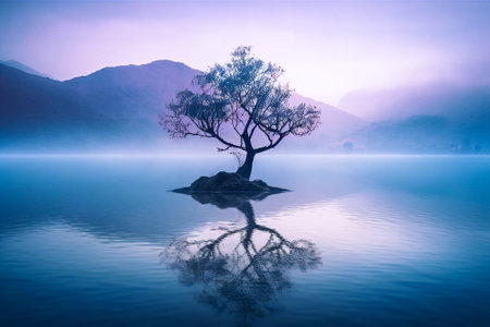 Illustration of a lone tree on a lake. Isolation and loneliness concept. Created with Generative AI technology.の素材