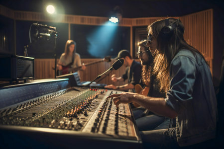 Sound engineer or sound technician working at the mixing console. Created with Generative AI technology.の素材