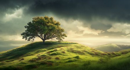 Lone tree on a green hill, stormy sky in background, beautiful light before storm. Created with Generative AI technology.の素材