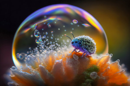 Extreme close up of a bubble containing small parts of a plant and a tiny insect near it. Created with Generative AI technology.の素材
