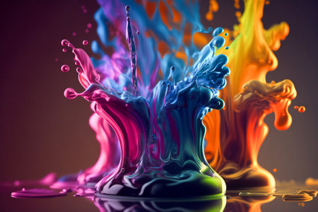 Colorful paint or ink flowing on a reflective surface. Created with Generative AI technology.の素材