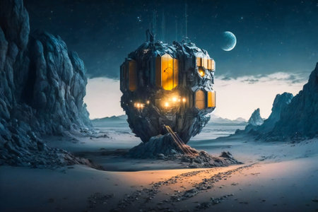 Asteroid mining, moon or alien planet mining facitily. Created with Generative AI technology.の素材
