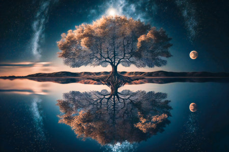 Illustration of a lone tree reflected in a lake in the nigh with a starry sky in background. Created with Generative AI technology.の素材
