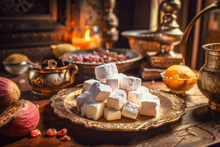 Turkish delights. Various pieces of traditional Turkish sweets on a wooden table. Created with Generative AI technology.の素材