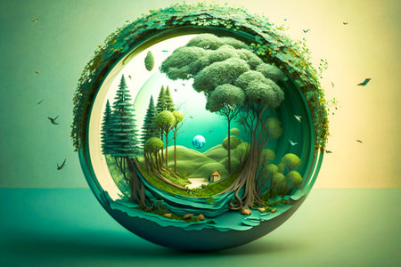 Spherical miniature green eco system. Environmental and nature preservation concept. Created with Generative AI technology.の素材