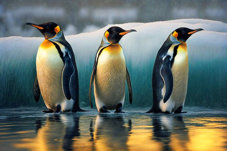 Penguins on ice near the ocean. Created with Generative AI technology.の素材