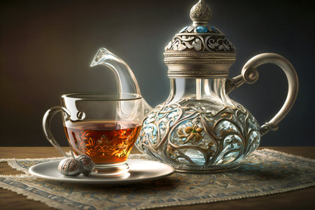 Traditional oriental tea cup and accesories. Created with Generative AI technology.の素材