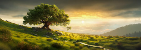 Lone tree on a green hill, stormy sky in background, beautiful light before storm. Created with Generative AI technology.の素材
