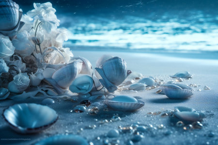Dream landscape on a sandy beach with shells, flowers, pearls and little luminous glass spheres. Dream and meditation concept.  Created with Generative AI technology.の素材
