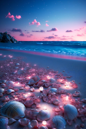 Dream landscape on a sandy beach with shells, flowers, pearls and little luminous glass spheres. Dream and meditation concept.  Created with Generative AI technology.の素材