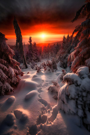 Illustration of a forest in winter at sunset. Created with Generative AI technology.の素材
