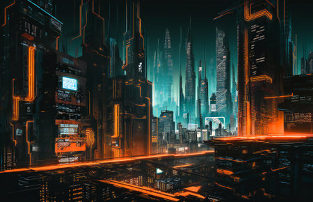 Illustration of a illuminated futuristic city in the night. Created with Generative AI technology.の素材