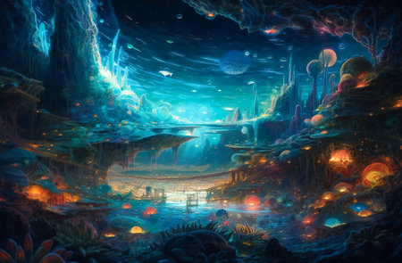 Surreal fantasy landscape on an alien planet. Created with Generative AI technology.の素材